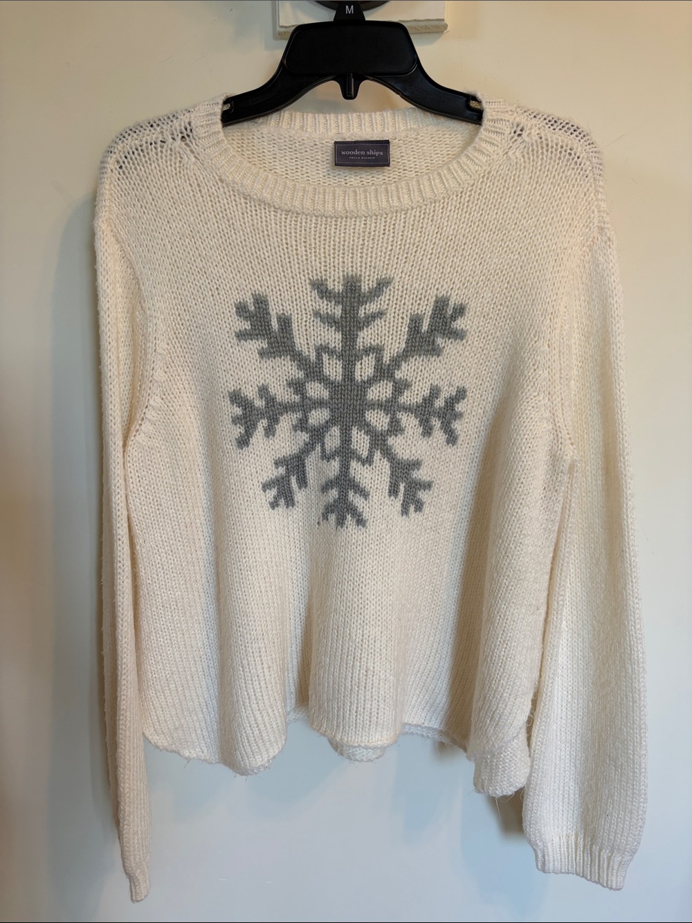 Wooden Ships Snowflake Sweater S/M Cream Gray Mohair Wool Blend Winter Holiday